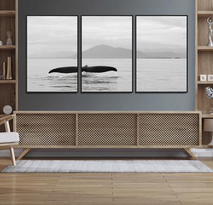 30524220-MGV-FC-60X30-3P_Black-Whale Tail Wall Art Canvas Print, Framed Black White Ocean Art Picture Print, Calm Marine Perfect Minimalist Coastal Decor Artwork