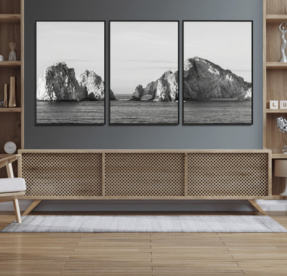 18810731-MGV-FC-60X30-3P_Black-Rugged Coastline Wall Art Canvas Print, Framed Ocean Cliffs Art Picture Print, Monochrome Seascape Perfect Coastal Minimalist