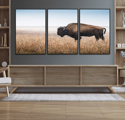 99620201-MGV-FC-60X30-3P_Black-Wild Bison Wall Art Canvas Print, Framed Bison in Prairie Art Picture Print, Rustic Western Perfect Rustic Western Decor Artwork
