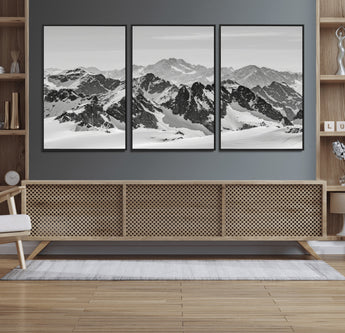 46884246-MGV-FC-60X30-3P_Black-Snowy Mountain Wall Art Canvas Print, Framed Mountain Peaks Art Picture Print, Alpine Mountains Perfect Minimalist Alpine Decor