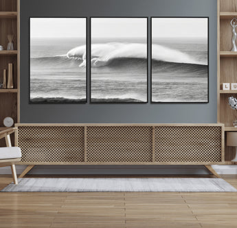 42544082-MGV-FC-60X30-3P_Black-Monochrome Seascape Wall Art Canvas Print, Framed Surf Wave Art Picture Print, Minimalist Ocean Perfect Moody Coastal Decor