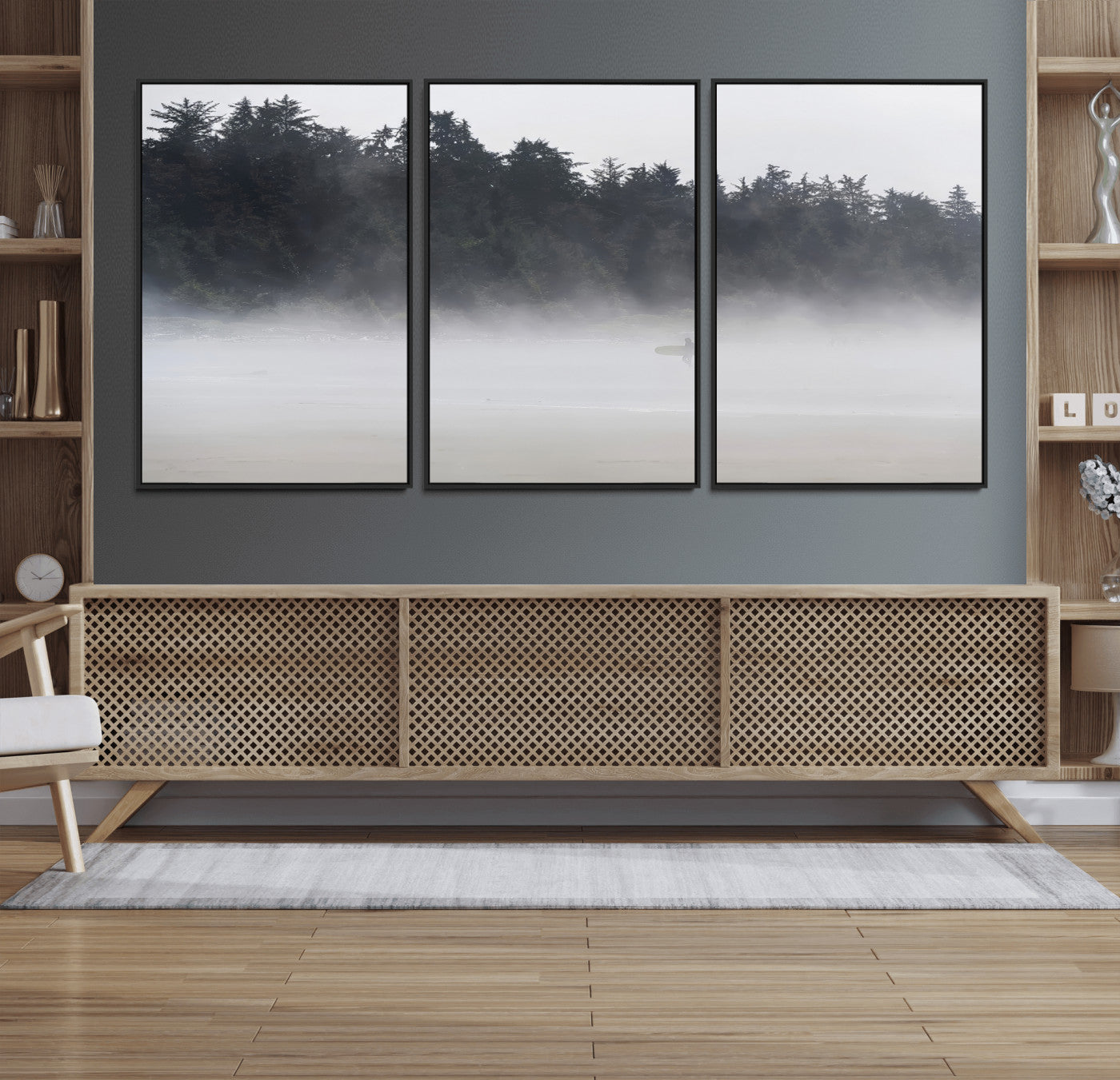 59703275-MGV-CV-36X24-Surfer in Fog Wall Art Canvas Print, Framed Foggy Beach Art Picture Print, Coastal Surf Perfect Moody Coastal Decor Artwork