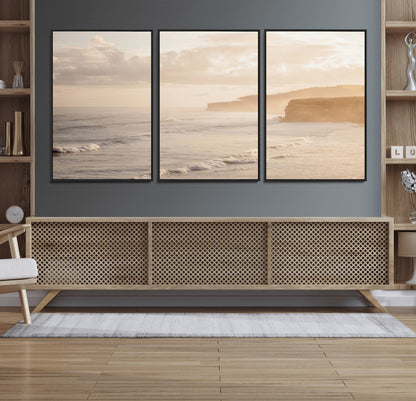57669769-MGV-CV-36X24-Misty Coastal Wall Art Canvas Print, Framed Golden Sunset Art Picture Print, Serene Shoreline Perfect Tranquil Coastal Decor