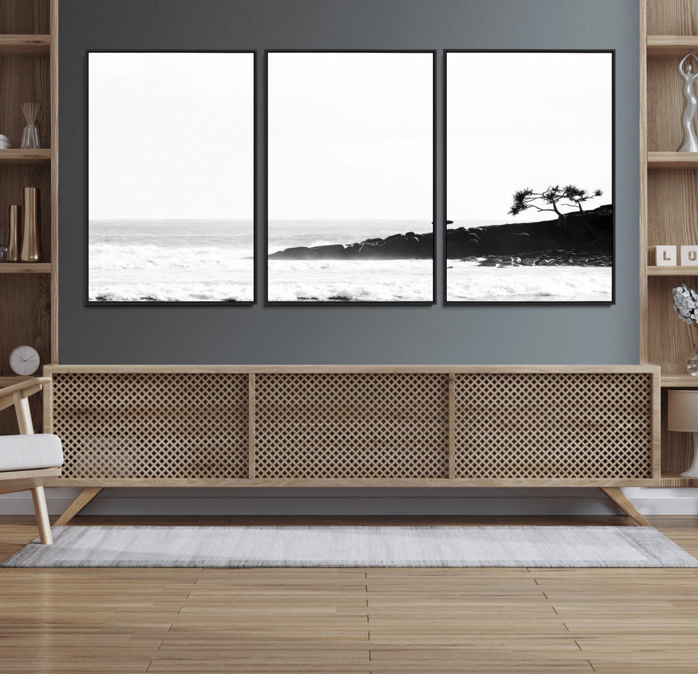 40875891-MGV-CV-36X24-SurferCliffs Wall Art Canvas Print, Framed Black White Beach Art Picture Print, Ocean Waves Perfect Minimalist Coastal Decor