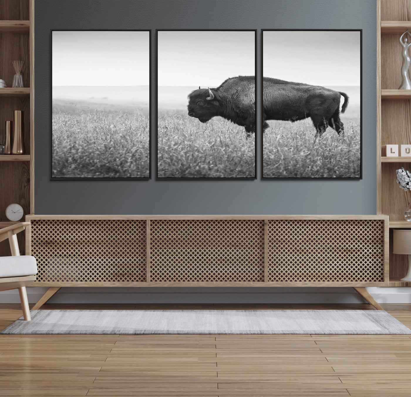 28435251-MGV-CV-36X24-Bison In Prairie Wall Art Canvas Print, Framed Rustic Wildlife Art Picture Print, Wild Buffalo Perfect Rustic Western Decor