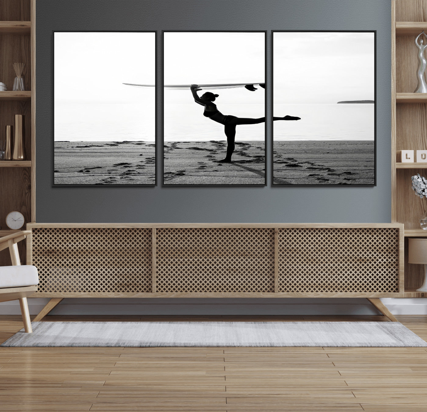 28441356-MGV-CV-36X24-Yoga Surf Wall Art Canvas Print, Framed Black White Shore Art Picture Print, Peaceful Ocean Perfect Minimalist Coastal Decor