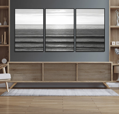 47305203-MGV-FC-60X30-3P_Black-Monochrome Ocean Wall Art Canvas Print, Framed Moody Ocean Art Picture Print, Calm Ocean Perfect Minimalist Coastal Decor Artwork