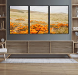 28972262-MGV-CV-36X24-Golden Wildflowers Wall Art Canvas Print, Framed Hills Bloom Art Picture Print, Poppy Meadow Perfect Rustic Nature Decor Artwork