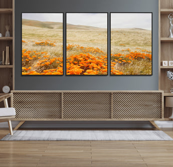 28972262-MGV-FC-60X30-3P_Black-Golden Wildflowers Wall Art Canvas Print, Framed Hills Bloom Art Picture Print, Poppy Meadow Perfect Rustic Nature Decor Artwork