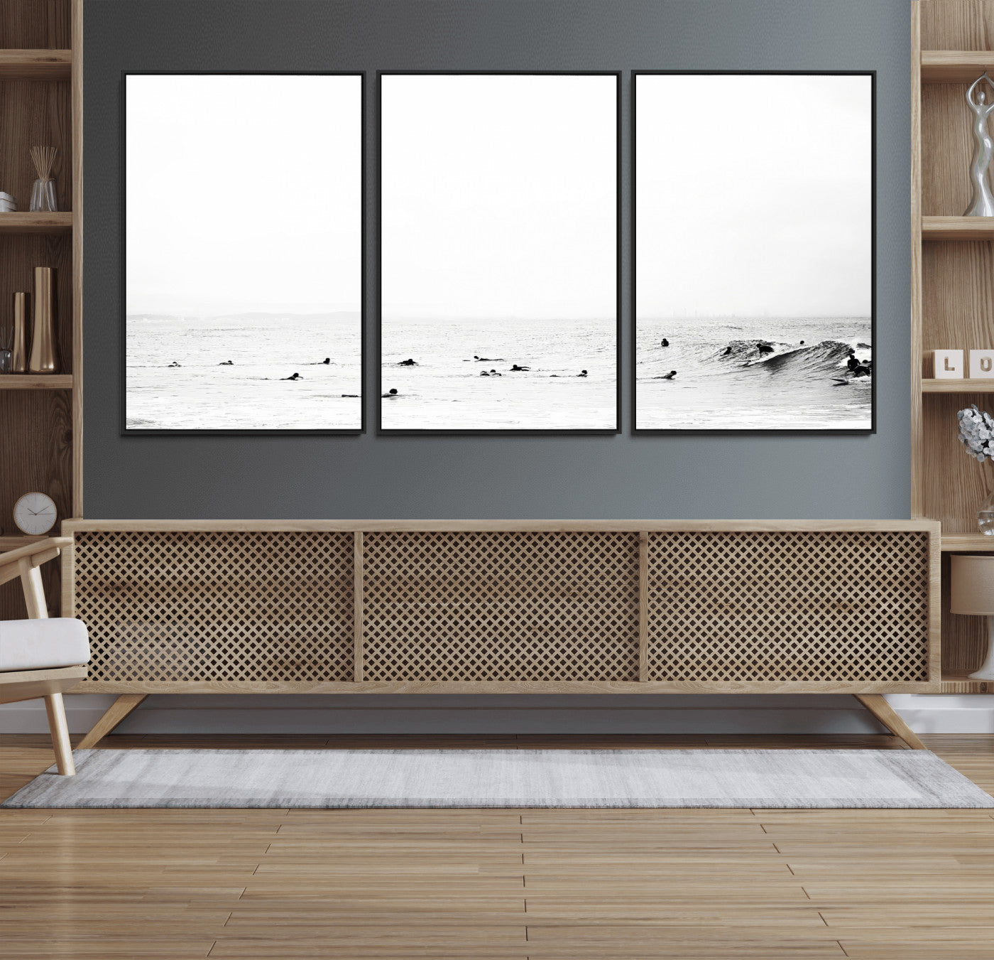 38441169-MGV-FC-60X30-3P_Black-Monochrome Swimming Wall Art Canvas Print, Framed Ocean Horizon Art Picture Print, Moody Coastal Perfect Minimalist Coastal Decor