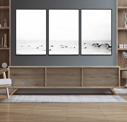 38441169-MGV-FC-60X30-3P_Black-Monochrome Swimming Wall Art Canvas Print, Framed Ocean Horizon Art Picture Print, Moody Coastal Perfect Minimalist Coastal Decor
