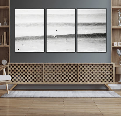 54291445-MGV-FC-60X30-3P_Black-Black White Ocean Wall Art Canvas Print, Framed Coastal Sport Art Picture Print, Ocean Culture Perfect Minimalist Coastal Decor