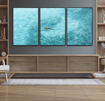 43671474-MGV-CV-36X24-Fish Swarm Wall Art Canvas Print, Framed Marine Life Art Picture Print, Shark Aerial Perfect Wildlife Coastal Decor Artwork