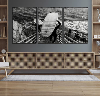 32353707-MGV-CV-36X24-Black White Surfing Wall Art Canvas Print, Framed Coastal Surfing Art Picture Print, Wave Riders Perfect Coastal Adventure Decor