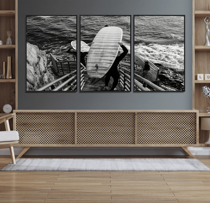 32353707-MGV-CV-36X24-Black White Surfing Wall Art Canvas Print, Framed Coastal Surfing Art Picture Print, Wave Riders Perfect Coastal Adventure Decor