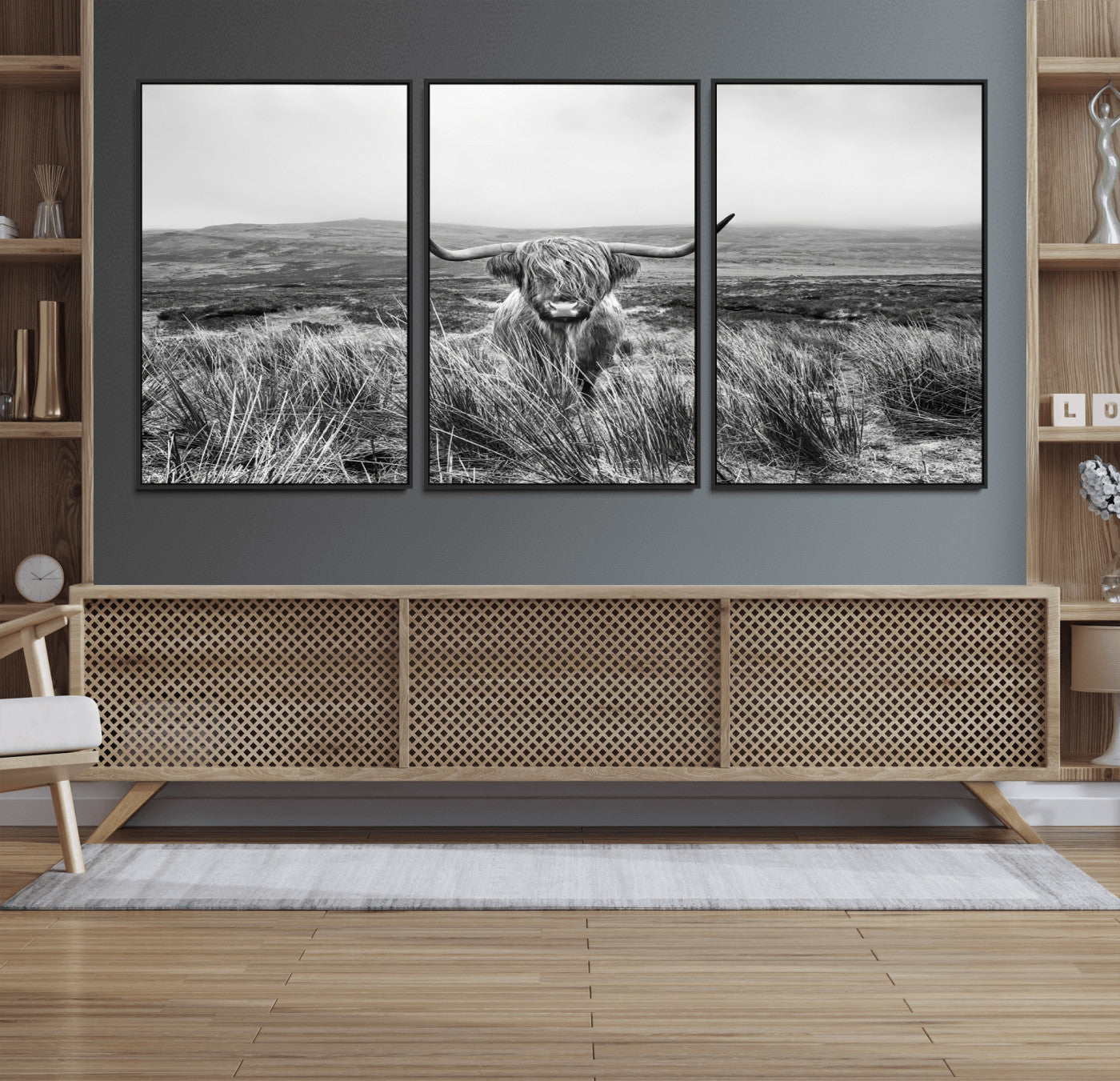 24051061-MGV-FC-60X30-3P_Black-Monochrome Highland Cow Wall Art Canvas Print, Framed Scottish Bull Art Picture Print, Lone Cattle Perfect Rustic Farmhouse Decor