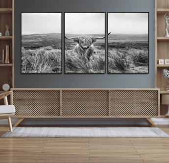 24051061-MGV-FC-60X30-3P_Black-Monochrome Highland Cow Wall Art Canvas Print, Framed Scottish Bull Art Picture Print, Lone Cattle Perfect Rustic Farmhouse Decor