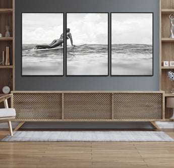 69798068-MGV-FC-60X30-3P_Black-Black White Surfing Wall Art Canvas Print, Framed Ocean Horizon Art Picture Print, Surfer Girl Perfect Coastal Adventure Decor