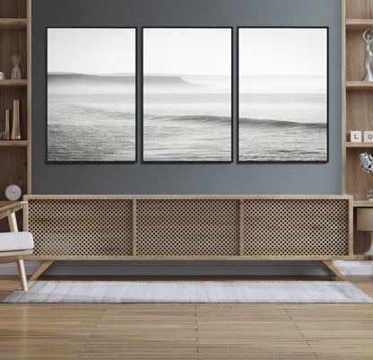 60635783-MGV-CV-36X24-Black White Seascape Wall Art Canvas Print, Framed Ocean Waves Art Picture Print, Misty Coastal Perfect Minimalist Coastal Decor
