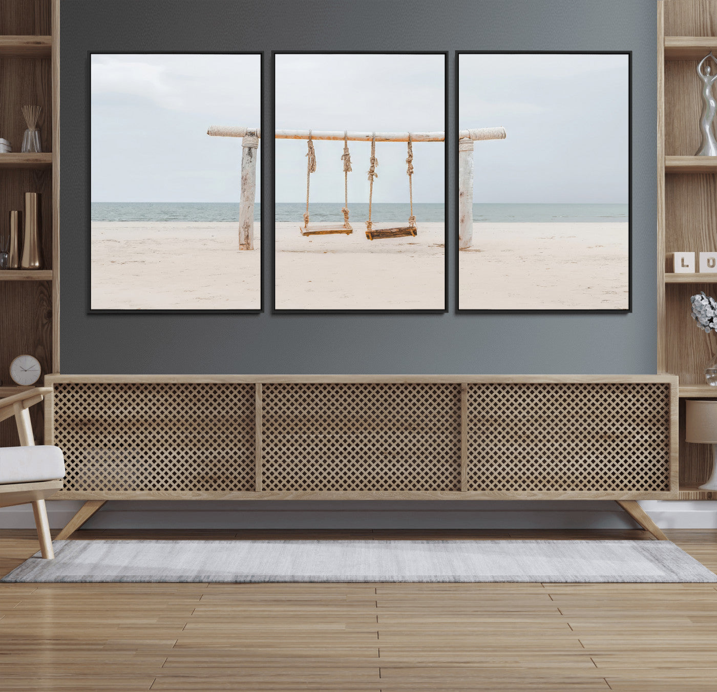 68327283-MGV-CV-36X24-Beach Swing Wall Art Canvas Print, Framed Quiet Beach Art Picture Print, Calm Shoreline Perfect Bohemian Coastal Decor Artwork