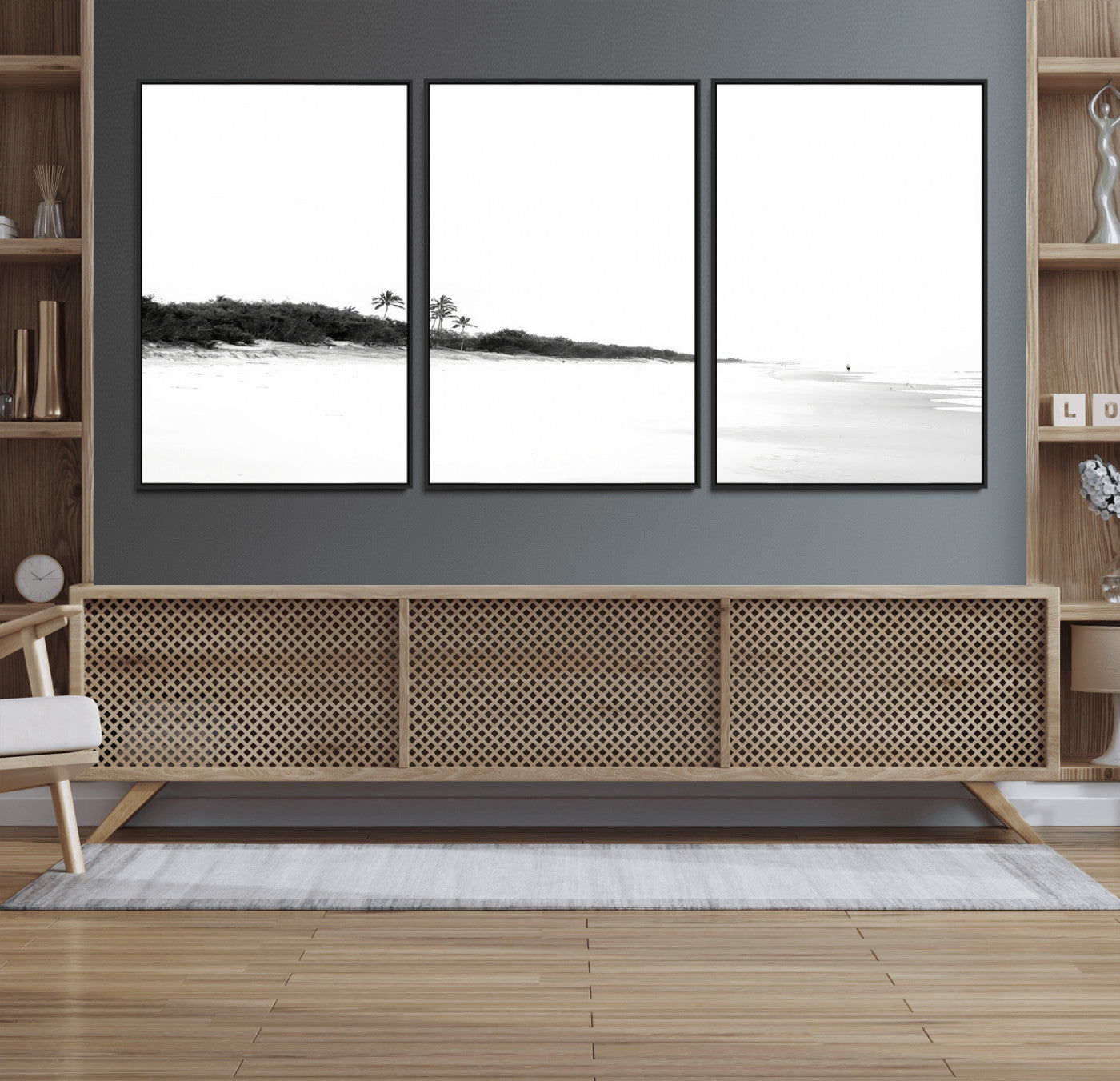 29611516-MGV-FC-60X30-3P_Black-Black White Beach Wall Art Canvas Print, Framed Palm Trees Art Picture Print, Monochrome Tropical Perfect Minimalist Coastal Decor