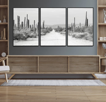 35537313-MGV-CV-36X24-Monochrome Desert Wall Art Canvas Print, Framed Cactus Path Art Picture Print, Southwestern Landscape Perfect Southwestern