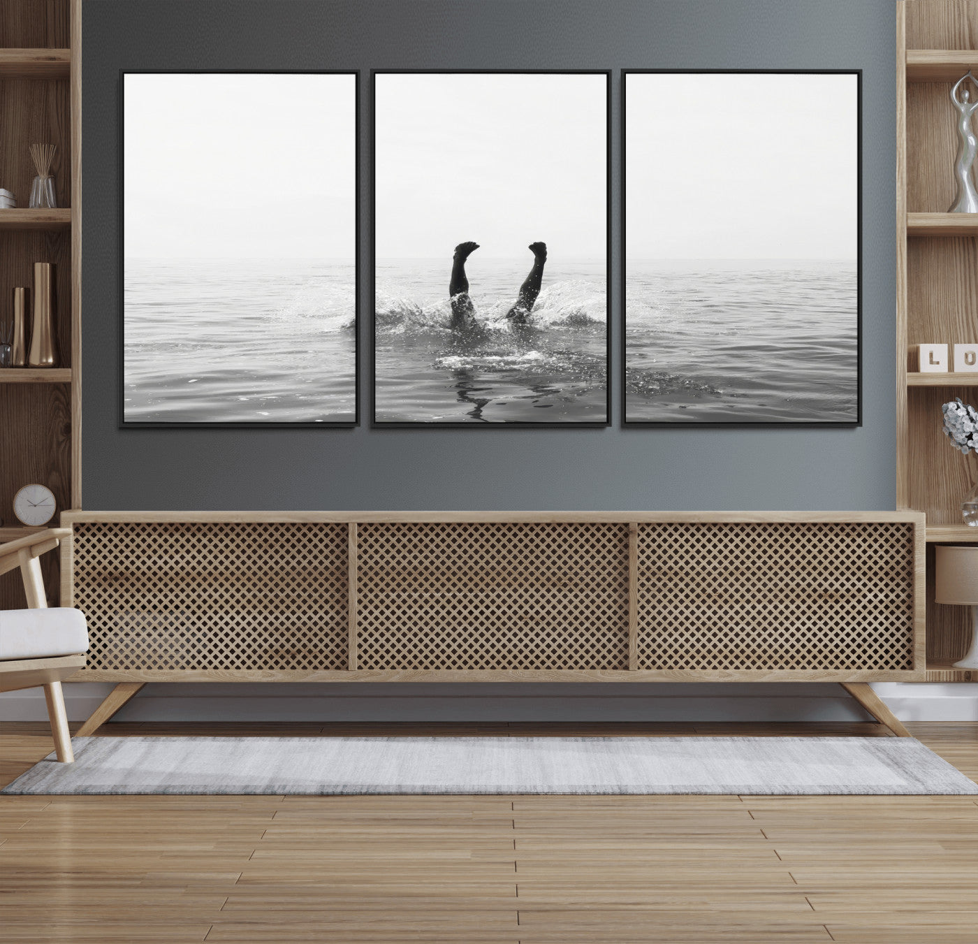 26667396-MGV-FC-60X30-3P_Black-Black White Ocean Wall Art Canvas Print, Framed Monochrome Water Art Picture Print, Diving into Water Perfect Minimalist Aquatic