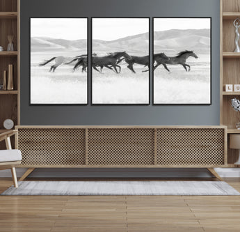 69934913-MGV-FC-60X30-3P_Black-Wild Horses Running Wall Art Canvas Print, Framed Black White Mustangs Art Picture Print, Rustic Western Perfect Rustic Western