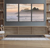 70644906-MGV-CV-36X24-Sunset Surfing Wall Art Canvas Print, Framed Misty Mountains Art Picture Print, Surfer Riding Wave Perfect Coastal Adventure Decor