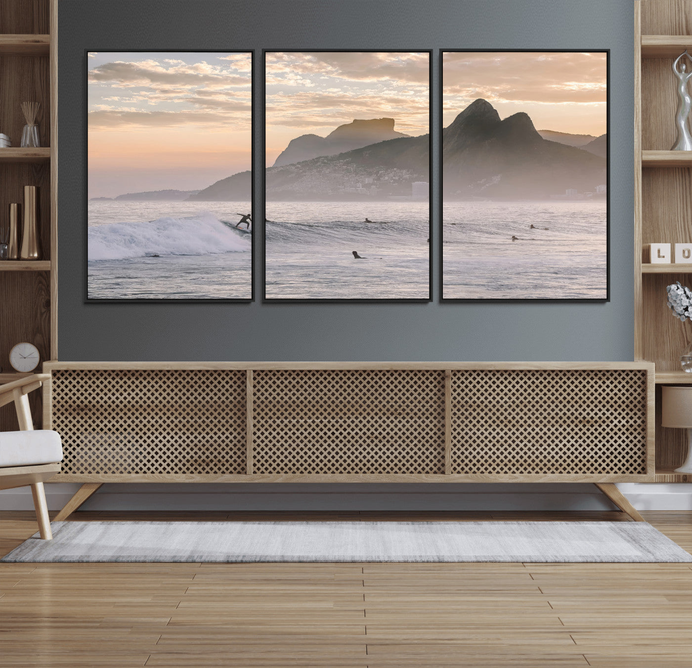 70644906-MGV-FC-60X30-3P_Black-Sunset Surfing Wall Art Canvas Print, Framed Misty Mountains Art Picture Print, Surfer Riding Wave Perfect Coastal Adventure Decor