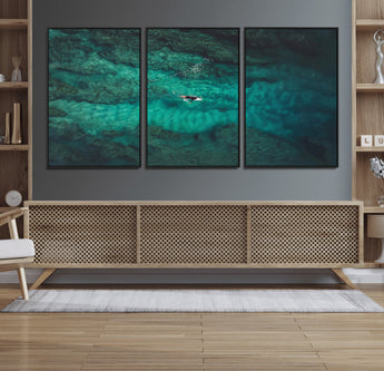 93287752-MGV-FC-60X30-3P_Black-Ocean Surf Wall Art Canvas Print, Framed Blue Waters Art Picture Print, Vibrant Seascape Perfect Coastal Adventure Decor Artwork