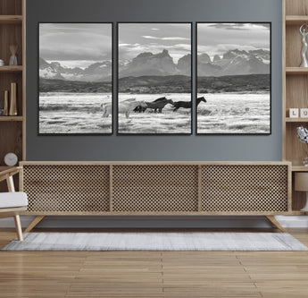 21655040-MGV-CV-36X24-Wild Horses Wall Art Canvas Print, Framed Black White Mountains Art Picture Print, Rustic Countryside Perfect Rustic Western Decor