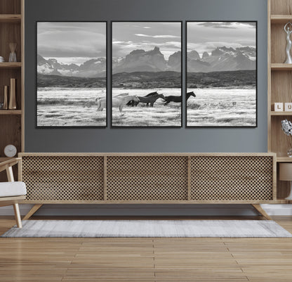 21655040-MGV-CV-36X24-Wild Horses Wall Art Canvas Print, Framed Black White Mountains Art Picture Print, Rustic Countryside Perfect Rustic Western Decor