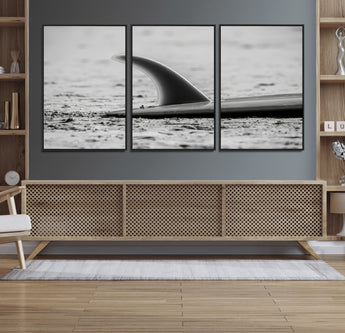 62314230-MGV-FC-60X30-3P_Black-Black White Surfboard Wall Art Canvas Print, Framed Minimalist Beach Art Picture Print, Surf Fin Perfect Minimalist Coastal Decor