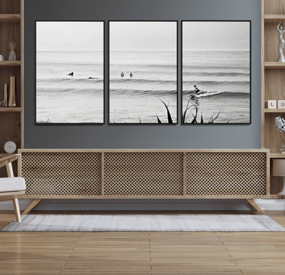 33821421-MGV-CV-36X24-Surfer Silhouette Wall Art Canvas Print, Framed Calm Ocean Art Picture Print, Monochrome Surf Perfect Minimalist Coastal Decor