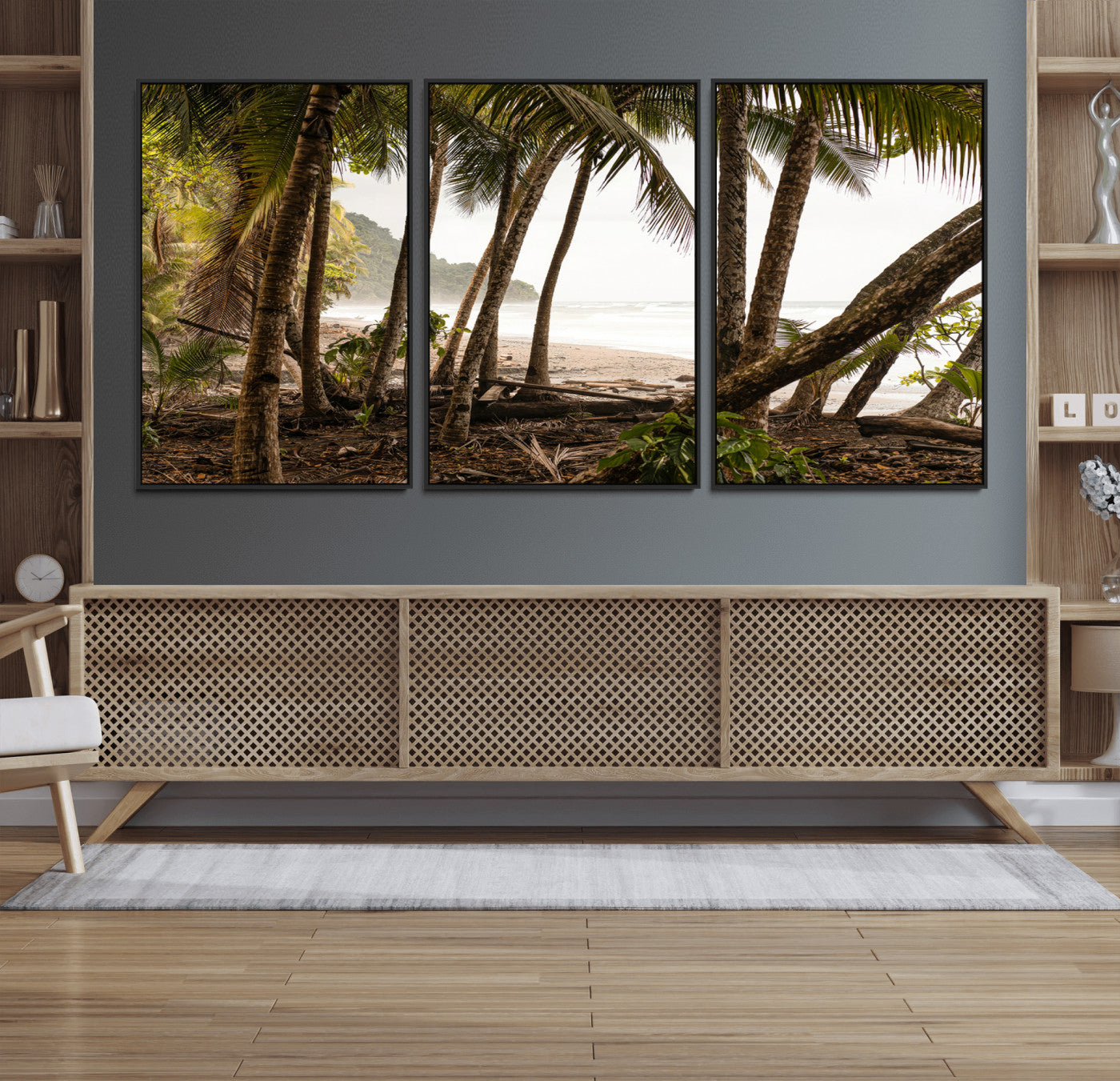 92093951-MGV-FC-60X30-3P_Black-Tropical Jungle Wall Art Canvas Print, Framed Palm Tree Forest Art Picture Print, Coastal Escape Perfect Jungle Retreat Decor