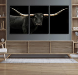 99448328-MGV-FC-60X30-3P_Black-Longhorn Cattle Wall Art Canvas Print, Framed Texas Ranch Art Picture Print, Western Cow Perfect Farmhouse Decor Artwork