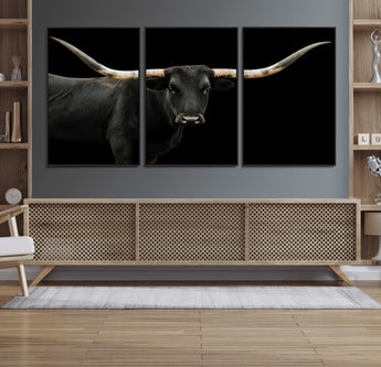 99448328-MGV-FC-60X30-3P_Black-Longhorn Cattle Wall Art Canvas Print, Framed Texas Ranch Art Picture Print, Western Cow Perfect Farmhouse Decor Artwork