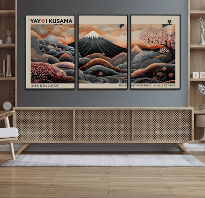 55739266-MGV-FC-60X30-3P_Black-Japanese Wall Art Print – Abstract Yayoi Kusama Inspired Dotted Landscape Poster, Surreal Oriental Mountain and Cherry Blossom