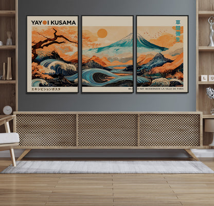22373530-MGV-FC-60X30-3P_Black-Japanese Mt Fuji Wave Art Print – Ukiyo e Inspired Sun & Cherry Blossom Poster, Traditional Asian Landscape Painting, Modern