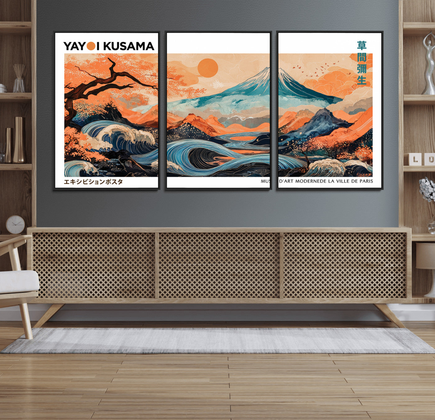 88785870-MGV-FC-60X30-3P_Black-Japanese Great Wave & Mt Fuji Wall Art – Ukiyo e Style Landscape Print with Flowing River, Autumn Mountain Poster, Oriental Asian
