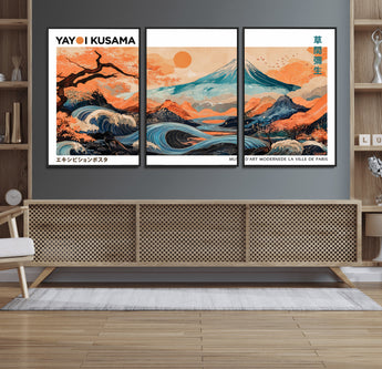 88785870-MGV-FC-60X30-3P_Black-Japanese Great Wave & Mt Fuji Wall Art – Ukiyo e Style Landscape Print with Flowing River, Autumn Mountain Poster, Oriental Asian
