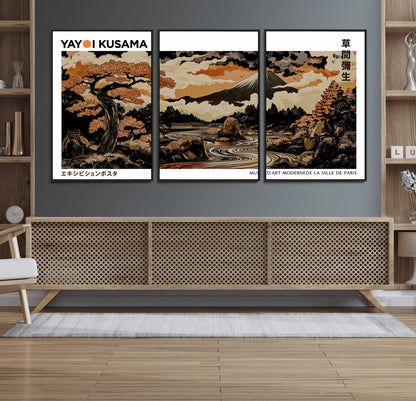 96372548-MGV-FC-60X30-3P_Black-Japanese Landscape Wall Art Print – Mt. Fuji Poster with Bonsai Tree & River, Ukiyo-e Inspired Modern Japanese Artwork, Autumn