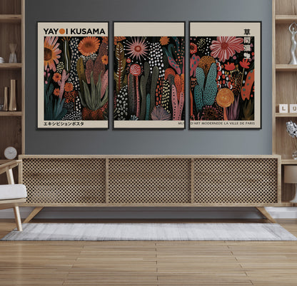 28344895-MGV-CV-36X24-Dark Floral Abstract Wall Art Poster – Modern Botanical Canvas Print with Beige Border, Kusama Inspired Boho Flower Painting,