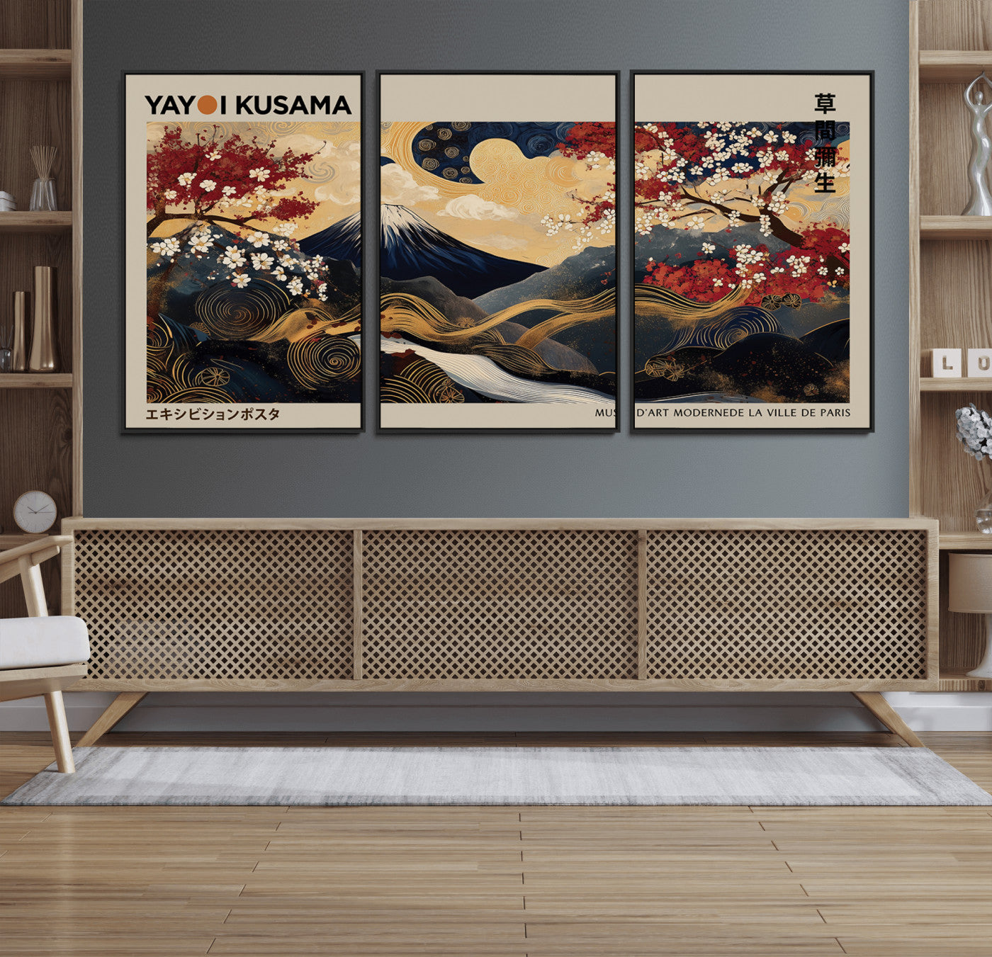 54967195-MGV-FC-60X30-3P_Black-Mount Fuji Wall Art – Japanese Cherry Blossom Abstract Canvas Print, Navy Gold Landscape Painting, Oriental Luxury Home Decor