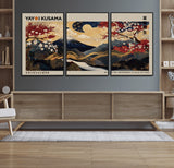 54967195-MGV-FC-60X30-3P_Black-Mount Fuji Wall Art – Japanese Cherry Blossom Abstract Canvas Print, Navy Gold Landscape Painting, Oriental Luxury Home Decor