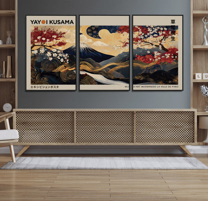 54967195-MGV-FC-60X30-3P_Black-Mount Fuji Wall Art – Japanese Cherry Blossom Abstract Canvas Print, Navy Gold Landscape Painting, Oriental Luxury Home Decor