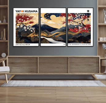 66243961-MGV-FC-60X30-3P_Black-Mount Fuji Japanese Wall Art – Golden Abstract Landscape Canvas Print, Cherry Blossom Painting, Modern Oriental Zen Home Decor