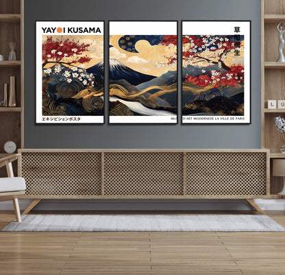 66243961-MGV-FC-60X30-3P_Black-Mount Fuji Japanese Wall Art – Golden Abstract Landscape Canvas Print, Cherry Blossom Painting, Modern Oriental Zen Home Decor