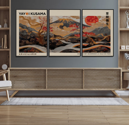 77970791-MGV-FC-60X30-3P_Black-Mount Fuji Golden Abstract Wall Art – Japanese Landscape Canvas Poster, Cherry Blossom & Red Sun Painting, Elegant Zen Oriental